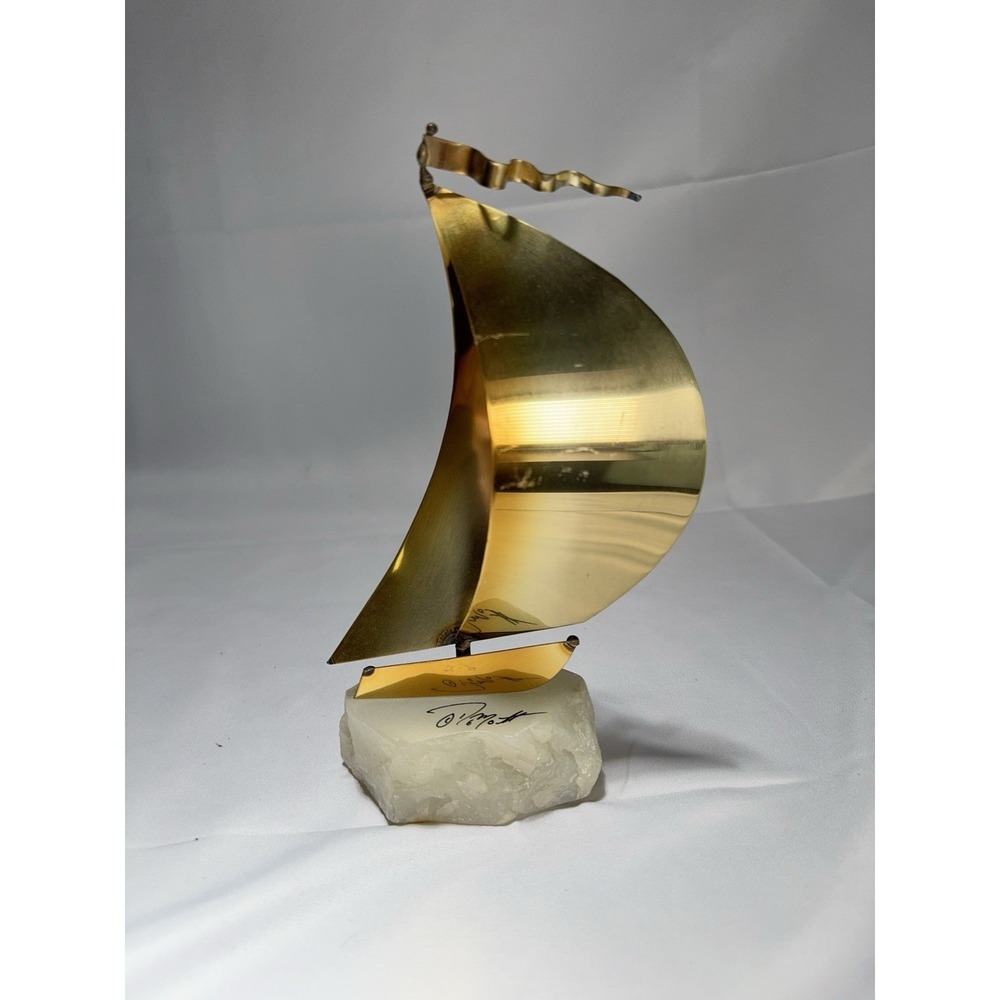 VTG John Demott Signed Mid Century Brass Sailboat Sculpture Onyx Quartz Base 8"